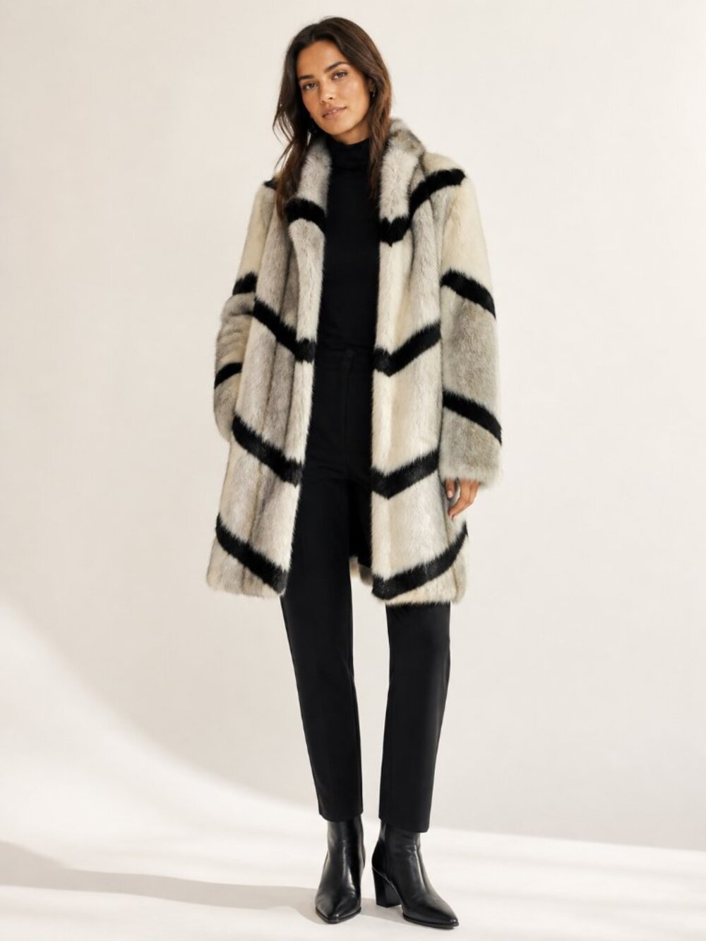 Anthropologie Chevron Faux Fur Coat Gray Ivory Black Size XS